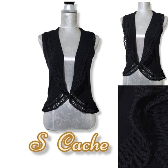 Cache vintage y2k Boho Crochet open cardigan vest crop black S - Picture 1 of 8